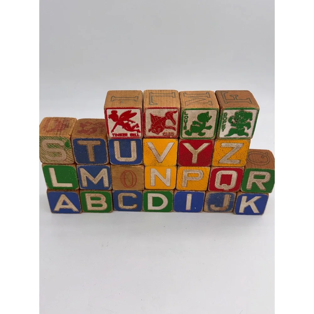 21 Vintage Wooden Alphabet Pictorial Blocks Disney Characters 1.8 Inch Nursery